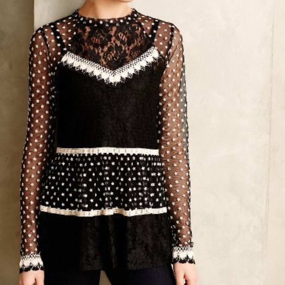 Anthropologie Embroidered Mesh Blouse Black & White Long Sleeves